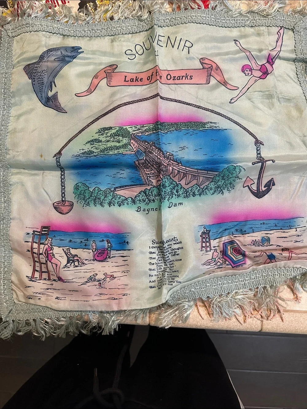 Vintage Scenic Souvenir Silk Scarves - Pink, Cream & Black Prints.